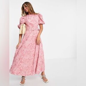 ASOS Design Pink Floral Applique Puff Sleeve Belted Midi Dress Size 6